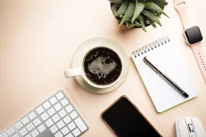 Office Work Setup Prints: Flat lay or top view office table desk