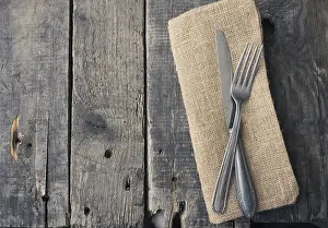 Text Free Space Prints: Flatware on a rustic wooden table with space for text