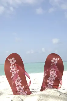 Maldives Island Getaway Prints: Flip-flops on the beach, Diffushi Island