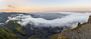 Cloudy Evening Landscape Prints: Fog between the cliffs, clouds moving around