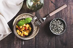 Breakfast Food Photography Ideas Prints: Food, Bread pudding with egg, pepper and basil in a cup on the table top view