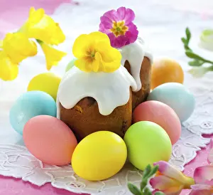 Traditional Easter Food Prints: Food, Easter cake with glace icing and coloured easter eggs
