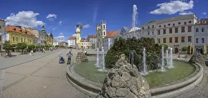 Central Europe Historic District Prints: Fountain on the main square behind the clock tower