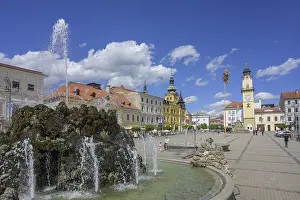 Central European Historic District Prints: Fountain on the main square behind the clock tower