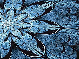 Digital Abstract Illustration Prints: Fractal Flower Print - Blue Mosaic Design