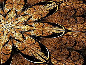Digital Abstract Illustration Prints: Fractal Flower Print - Golden Mosaic Design