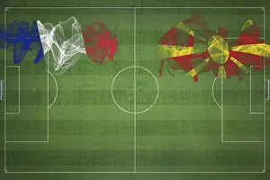Prints of France vs North Macedonia Soccer Match, national colors, national flags, soccer field, football game, Competition concept, Copy space North Macedonia Prints: France vs North Macedonia Soccer Match Print