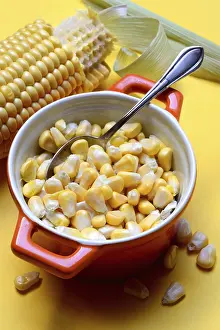 Sweet Corn Photography Prints: Fresh maize kernels in pots and cobs