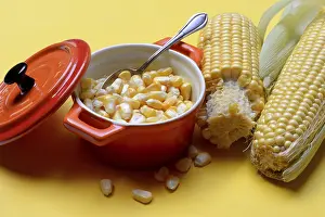 Fresh Corn Prints: Fresh maize kernels in pots and cobs