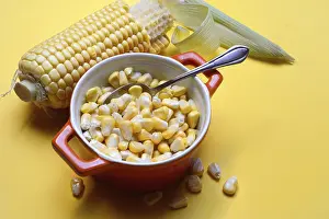 Sweet Corn Nutrition Prints: Fresh maize kernels in pots and cobs
