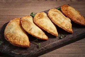 Close Up Wooden Table Prints: Fried chebureks, deep-fried, mini