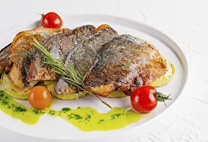 Freshwater Fish Prints: Fried fish with vegetables on plate