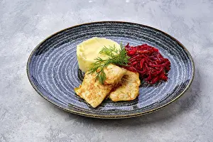 Prints of Fried hake in breading with mashed potato and roasted beetroot Hake Prints: Fried Hake Print with Mashed Potato and Roasted Beetroot