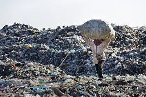 Environmental Pollution Asia Prints: Garbage collector on garbage dump