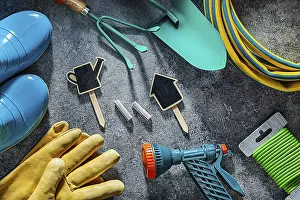Close Up View Prints: Garden Tools Set On Dark Background Flat Lay