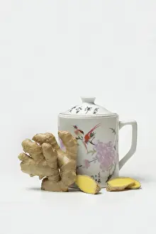 Spicy Ginger Drink Prints: Ginger root with cup, ginger tea