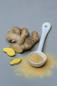 Zingiber Officinale Prints: Ginger root and ginger powder in spoon