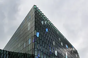 Prints of Detail of the glass facade, Harpa Concert Hall, architect Henning Larsen, facade by artist Olafur Eliasson, coloured light reflections, stylised oil painting, Reykjavik Reykjavik Prints: Harpa Concert Hall Glass Façade Print