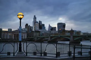 River Thames View Prints: Glowing lantern in front of the river Thames