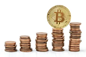 Digital Currency Symbol Prints: Golden bitcoin on top of coins stack