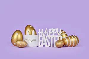 Golden Easter Eggs Prints: Golden easter eggs and text Happy easter on violet background