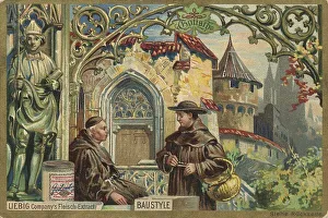Historic Monastery Prints: Gothic, monks in front of a monastery