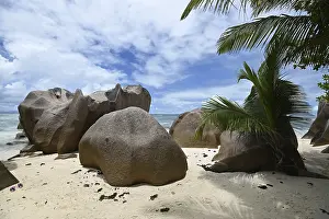 Deserted Tropical Coast Prints: Granite rocks on the beach of Anse Source dArgent