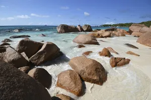 Anse Source DArgent Beach Prints: Granite rocks on the beach of Anse Source dArgent