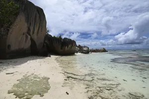 Anse Source DArgent Beach Prints: Granite rocks on the beach of Anse Source dArgent