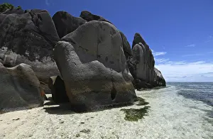 Steep Cliff Landscape Photo Prints: Granite rocks on the beach of Anse Source dArgent