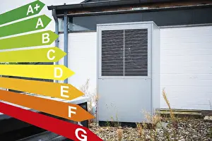Prints of Graphic with energy efficiency classes, a heat pump on the roof of a house in Dusseldorf, Germany Graphic with energy efficiency classes, a heat pump on the roof of a house in Dsseldorf, Germany Dusseldorf Prints: Energy Efficiency Print: Dusseldorf Heat Pump House