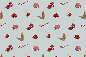 New Year Celebration Symbol Prints: Gray green background pattern with Christmas