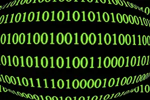 Green Binary Code Prints: Green binary code on a black background in spherical form