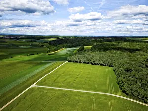 Cloudy Sky Landscape Photography Prints: Green fields and forests under a cloudy blue sky