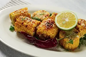 Grilled Corn Prints: Grilled corn with spices, top view