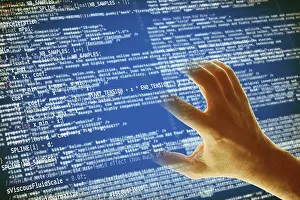 Data Security Threats Prints: Hand grabbing a computer code, hacking and computer crime concept