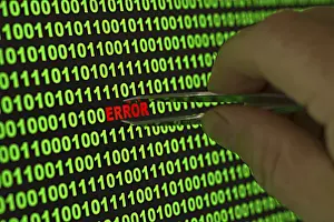 Binary Code Error Prints: Hand reaching for the word 'Error' with tweezers in a binary code Hand reaching for the word