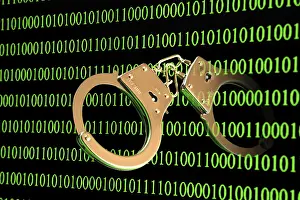Golden Bitcoin Symbol Prints: Handcuffs with binary code, symbol image of computer criminality