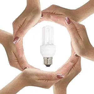 Bright White Background Cutout Prints: Hands with light bulb isolated on white background