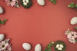 Flat Lay Photography Prints: Happy Easter background with easter eggs in nest and spring flowers