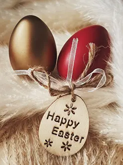 Easter Eggs Concept Prints: Happy Easter. Colourful painted easter eggs on rustic background