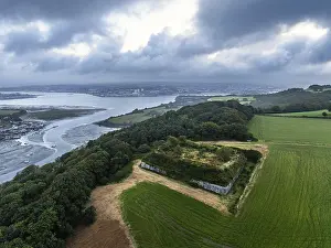Prints of Hawkins Battery Fort over River Tamar from a drone, Cremyll, Plymouth, Devon, England, United Kingdom Plymouth Prints: Hawkins Battery Fort Print, Plymouth, England
