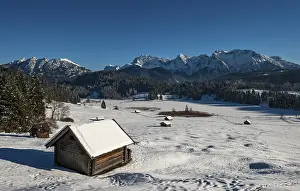Upper Bavaria Winter Scene Prints: Haystack in snow-covered landscape