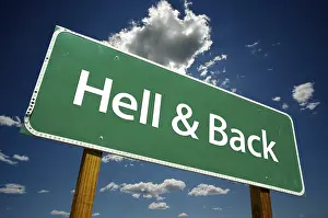 Cloudy Dramatic Sky Image Prints: Hell and back road sign with dramatic clouds and sky