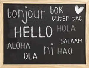 Chalkboard Background Prints: Hello in different languages on chalkboard background