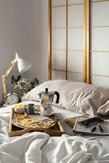 Top Down View Of Breakfast Prints: High angle breakfast bed with pancake