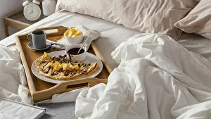 Relaxing Bedroom Scene Prints: High angle breakfast tray bed