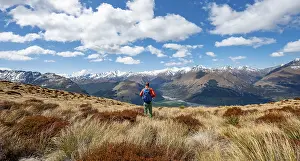 Southern Alps Landscape Prints: Hiker on the summit of Mount Alfred