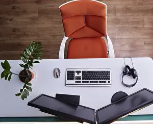 Home Office Desk Setup Prints: Home computer workstation top view