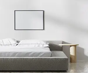 Minimalist Bedroom Interior Prints: Horizontal frame mock up in bedroom interior